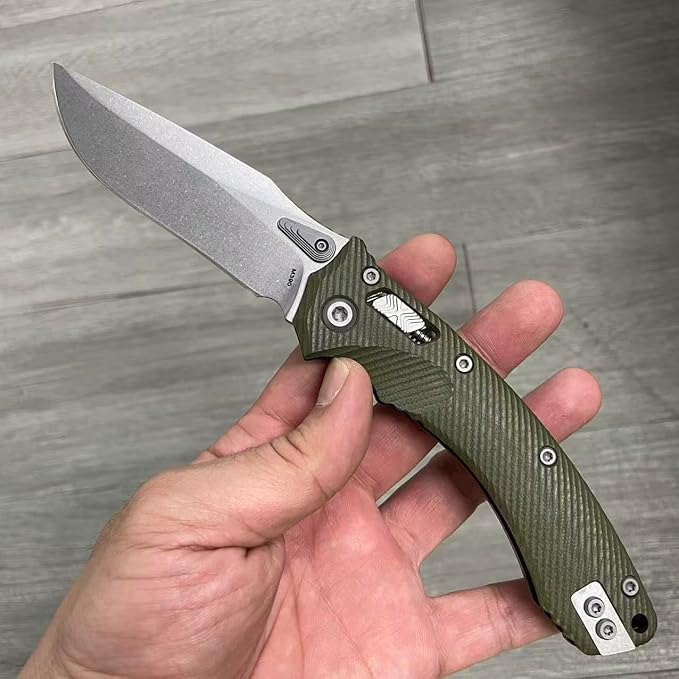 Outdoor Folding Pocket Knife with 3.9 M390 Stonewashed Blade OD-Green G10 Handle Crossbar-Lock Mechanism for Camping Hiking Survival EDC