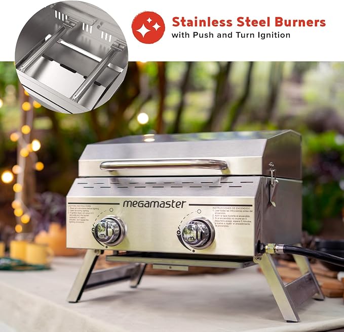 Megamaster 2-Burner Stainless Steel Portable Gas Grill with Built-In Lid 16000 BTUs Foldable Legs Small Propane Grill for Outdoor Cooking Camping Tailgating Patios and More - 820-0033M