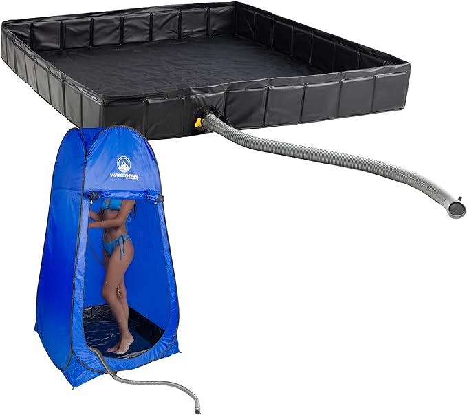Portable Shower Pan - 39.5” x 5.25” Collapsible Foldable Indoor or Outdoor Camping Shower Base Floor with Detachable Drainpipe and Clamp for RV Bathing Pets or Camping Essentials by Wakeman Outdoors