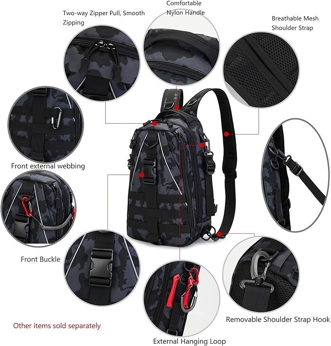 Mint &amp Moss Tactical Backpack for Men Water Resistant Tackle Backpack with Rod Holder &amp Tackle Box Kit Lightweight Sling Fishing Bag for Trekking Survival Camping Fitness Travel (Camo)