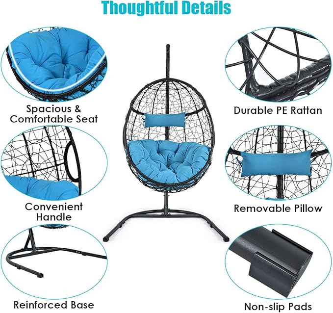 Giantex Hanging Egg Chair 36.5-Width Oversized Swing Chair with C-Hammock Stand Set Hammock Chair with Soft Seat Cushion &amp Pillow Multifunctional Hanging Chairs for Outdoor Indoor Bedroom (Blue