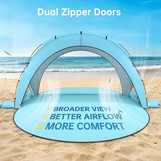 Raynesys Beach Tent Sun Shelter Beach Shade Tent with UPF50+ UV Protection Sun Shelter for 1-6 Person Beaches Shade with 2 Zippered Doors Portable Tents for Camping Fishing Light Blue