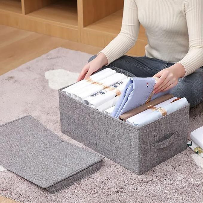 2 Pack Fabric Storage Bins with Lids Foldable Clothes Storage Bins Lidded Linen Storage Boxes Decorative Collapsible Basket with Handle for Bedroom Closet Office Clothes (Grey)