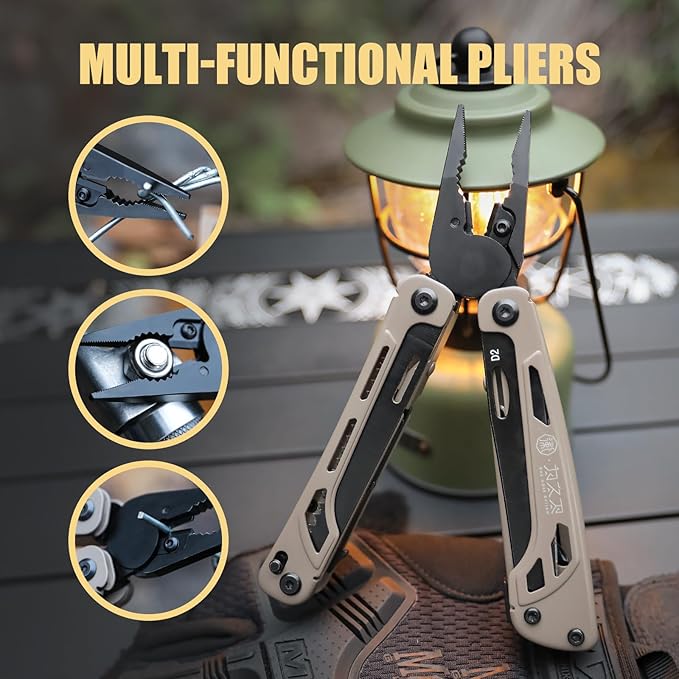 Light Seeking multitool 20-in-1 EDC Multi tool with Needle Nose Pliers and Wire Stripper Tools Gifts for Men Survival and Camping Gear D2 Steel sand (Light Seeking D2 steel sand)