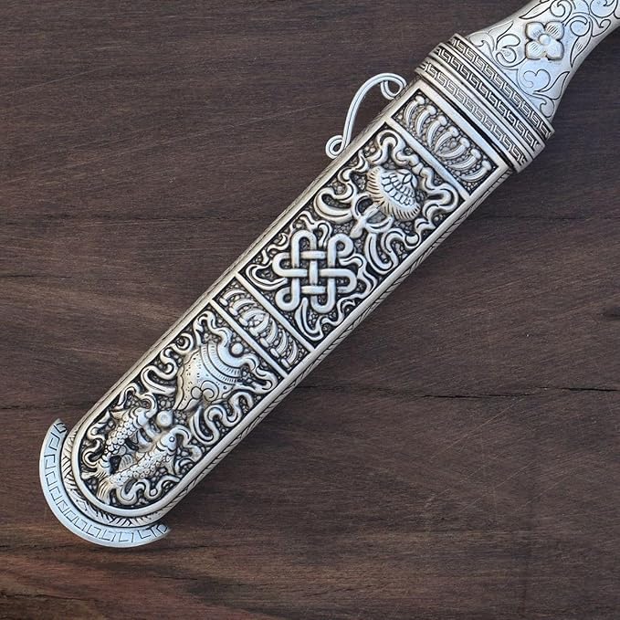 Fixed Blade Knife Chinese Tibetan Knife with Ornate Handle Celtic Knot Design Steel Blade with Sheath