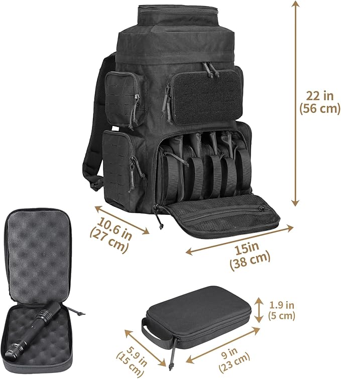 MGFLASHFORCE Tactical Range Backpack for handgunsLaser-Cutting Modular Gun Backpack with 5 Pistol Cases for Hunting and Shooting