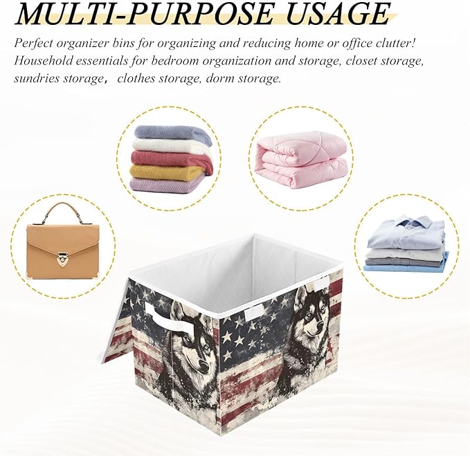 Storage Cube with Lid Husky American Print 16.5×12.6×11.8 IN Collapsible Large Capacity Foldable Storage Basket Bin Organizer