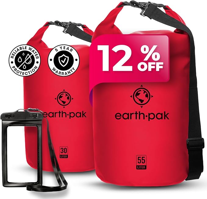 Earth Pak Waterproof Dry Bag - Roll Top Waterproof Backpack Sack Red 55L &amp 30L