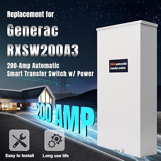 200 Amp Automatic Transfer Switch Replacement for Generac RXSW200A3w/Power Management 120/240V 1-Phase Open Transition Service Rated NEMA 3R Aluminum Enclosure for Indoor and Outdoor Use