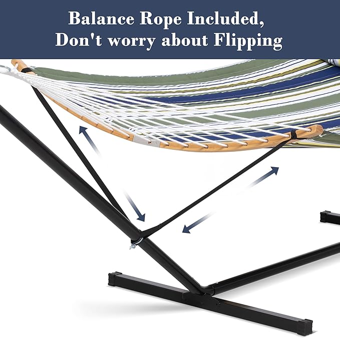 SUNCREAT Hammocks for Outside with Stand Included Double Hammock with Curved Spreader Bar Carrying Bag Dark Green Stripes