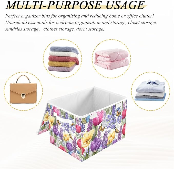 Storage Bins with Lids Storage Containers Box Organizer Bin Basket with Handles for Closet Shelves Clothes Stackable Foldable Decorative Tulips Lavenders Purple Butterfly