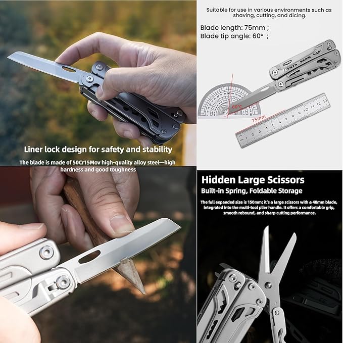 Multitool 15-in-1 Full-Size Multi-Purpose Pliers Lightweight EDC Tactical Gear With Safety Locking Camping Knives &amp Tools Mens Gifts Ideas Gifts for Hunters Men who have Everything (Silver