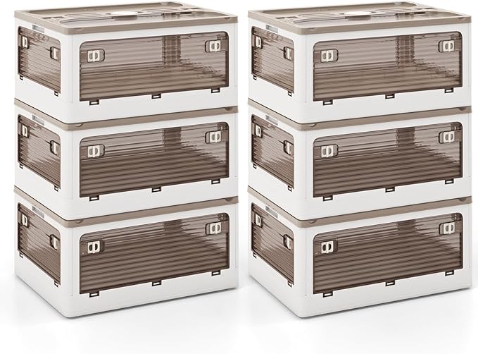 GOFLAME 6-Pack Storage Bins with Lids 32QT Stackable &amp Collapsible Plastic Storage Boxes with Wheels Foldable Closet Organizers with 5 Opening Ways