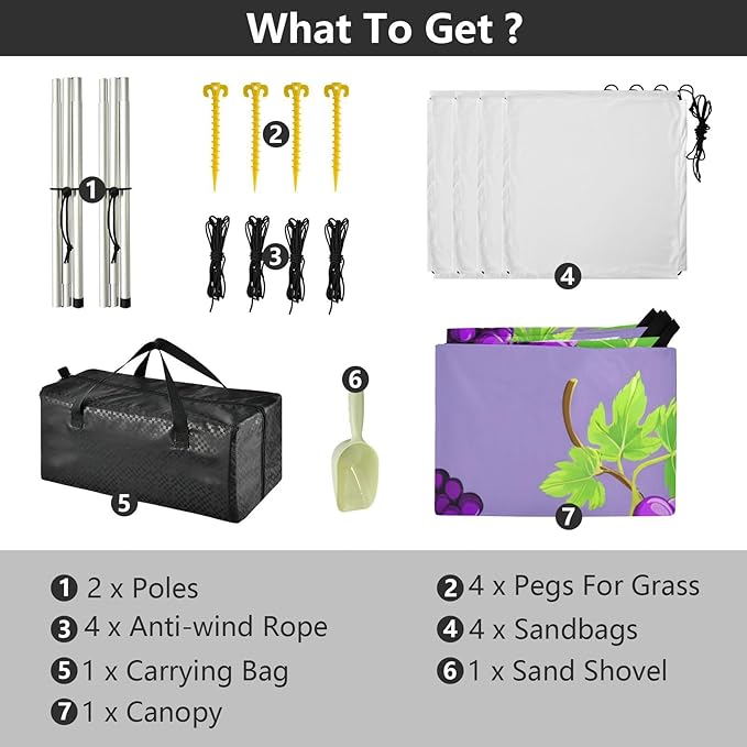 xigua Purple Grape Beach Tent Sun Shelter with Carrying Bag - Silver Coated Oxford Fabric Beach Canopy for Beach Camping Fishing - Includes Windproof Ropes Sandbags &amp Stakes