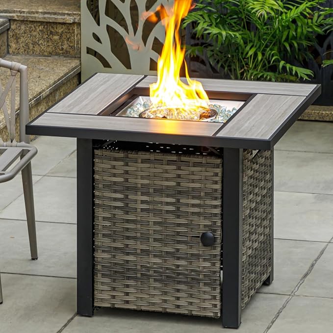 OutVue 30 Propane Fire Pit Table with Real Ceramic Tabletop &amp Ratten Side Panel 50000 BTU Gas Firepit Table with Lid &amp Glass Rock Outdoor Fire Pit for Dining or Party Firepit for Outside