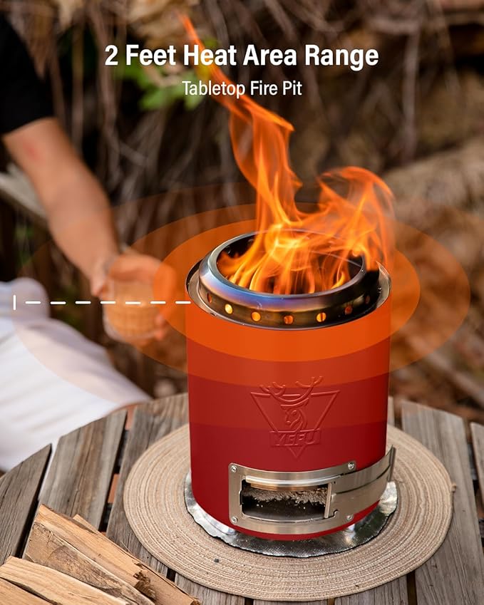 YEFU Tabletop Fire Pit 9.7 x 7.1 in Flame Intensity Control Camping Stove for Outdoor &amp Patio Fueled by Pellets or Wood Safe Burning Table Top Firepit with Travel Bag &amp 2 Mini Sticks Red