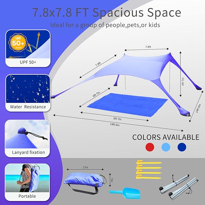 77 FT Beach Tent Sun Shelter UPF50+ UV Protection Outdoor Canopy Tent Sun Shade with 2 Poles for Camping Fishing Backyard and Picnics with Sandproof Beach Blanket Royal Blue