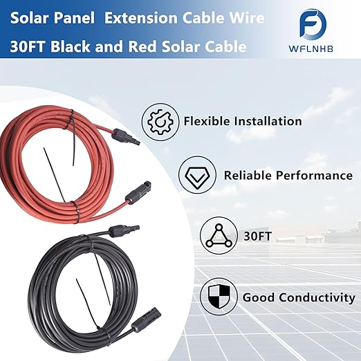 WFLNHB 30FT 12AWG Black + Red 12 Gauge Solar Panel Extension Cable Wire with Female and Male Connector Solar Connector