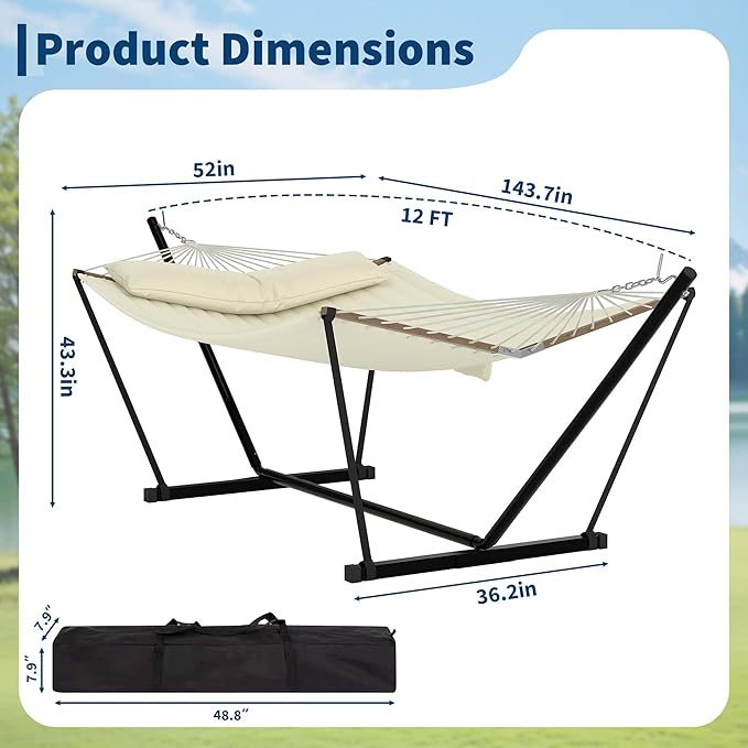 2 Person Double Hammock with Adjustable Steel Stand &amp Pillow Heavy Duty Portable Outdoor Hammock Set MAX 450 LBS Weight Capacity for Patio Garden Beach Backyard