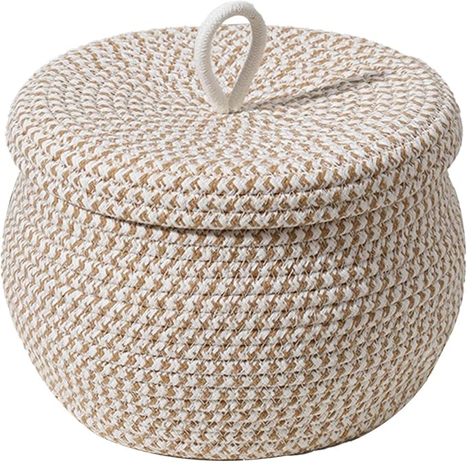 Rope Woven Basket - Round Rope Organizer Cotton Table Basket Covered Storage Bin | Stylish Decorative Utility Holder Soft Lid Container with Sturdy Shape for Napkins Sundries Snacks Makeup Towels