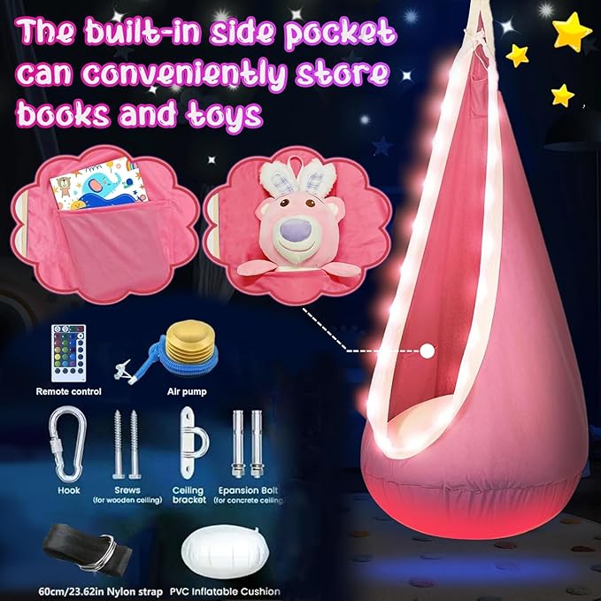 Light Up Swing Chair Hammock Chair Indoor Outdoor for Kids Pod with LED Lights Soft and Safe 176 lb. Load Capacity Easy Installation Perfect for Bedroom Garden and Playroom (Pink)