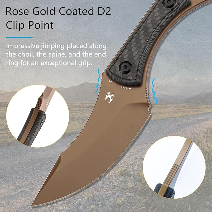 KANSEPT Niko Fixed Blade Knife 3.54'' Rose Gold Coated D2 Sharp Blade with Twill Carbon Fiber Handle Adjustable Kydex Sheath for Edc Hunting Survival Camping G004A9