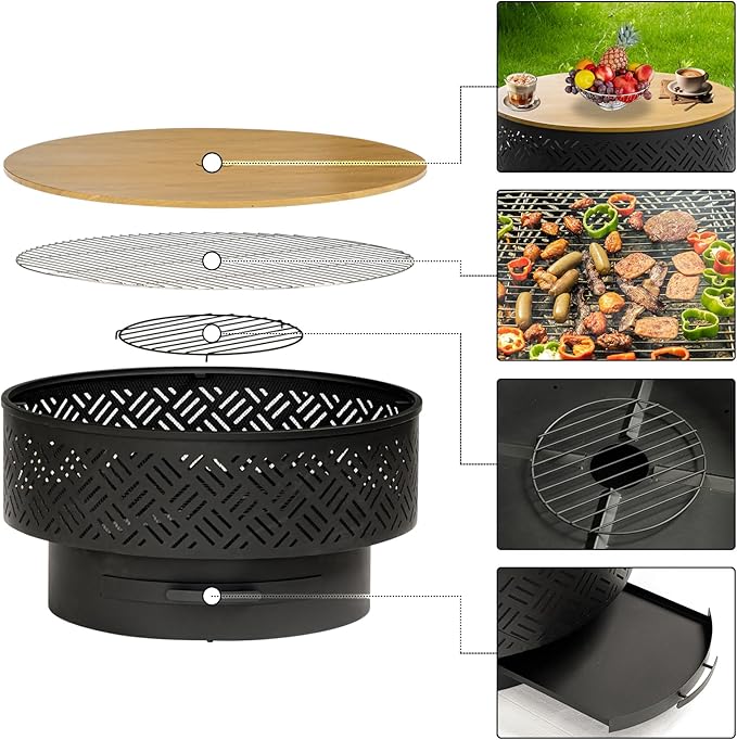 32 Wood Burning Fire Pits with Grill &amp Lid Fire Pit Table for Outside with Waterproof Cover &amp Fire Poker Outdoor Firepit with Functions for BBQTable and Bonfire