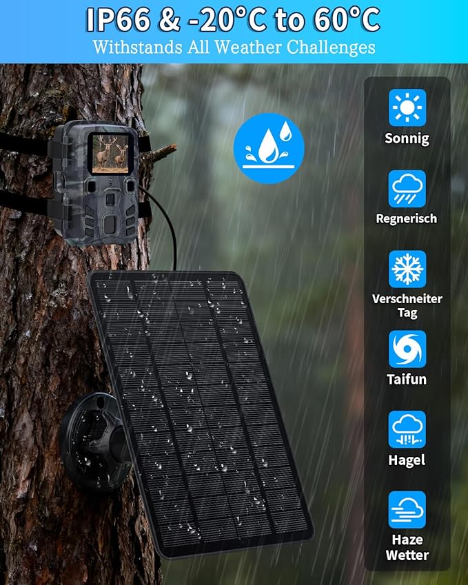 Trail Camera Solar Panel 3W Solar Panel Charger with 5000mAh Battery and 12V/1A 6V/1.5A USB-C &amp DC Port 9.8ft Cable IP65 Waterproof Solar Panel for Trail CameraGame Cameras Hunting Accessory