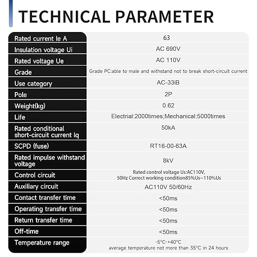 63Amp 110V AC Dual Power Automatic Transfer Switch ATS 2P Manual Changeover Electrical Switch Solar Back Up Power Auto Selector Overvoltage Undervoltage 50/60Hz CE Certified