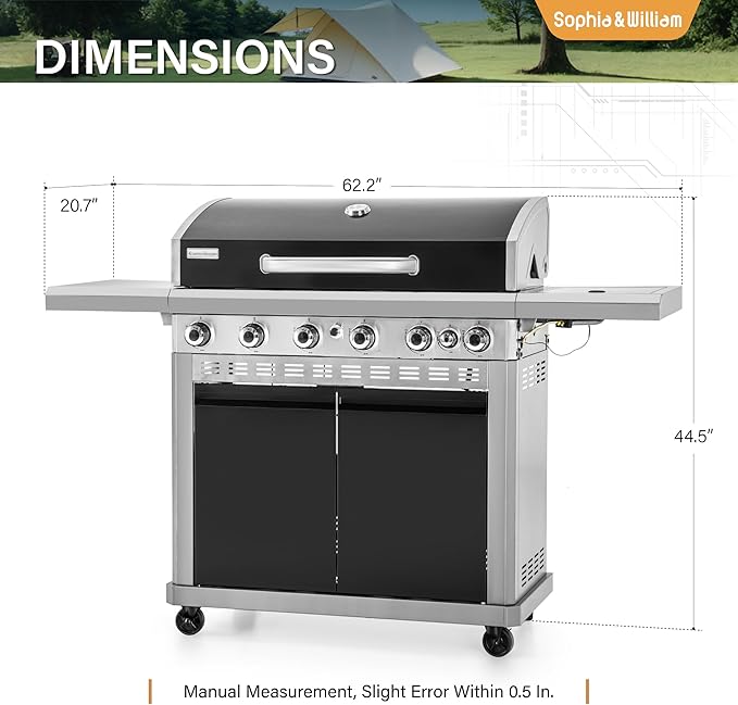 Sophia &amp William 6-Burner Propane Gas BBQ Grill with Side Burner &amp Porcelain-Enameled Cast Iron Grates Gas Grill Griddle Combo for Outdoor Cooking Barbecue Events 740 SQ.IN. Cooking Area B