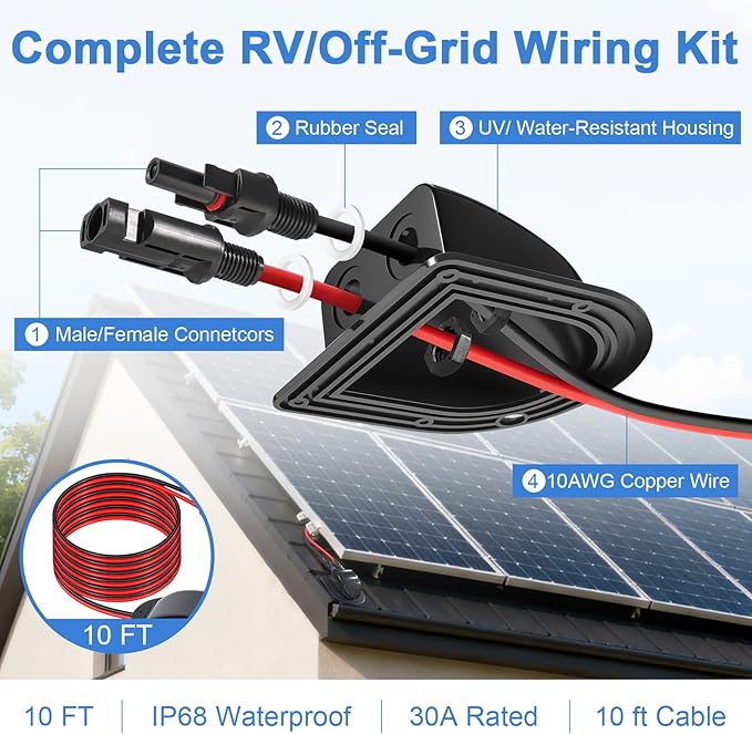 Solar Cable Entry Gland with 10ft 10AWG Solar Extension Cable Compatible with MC4 Weatherproof Roof Cable Entry Housing for RV Camper Van Boat Shed Garage