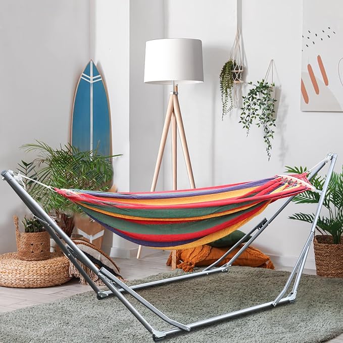 Double Hammock Basics Dual-bar Design Heavy-Duty Metal Hammock Stand with Carrying Bag 400 LBS Strong Load-Bearing Striped Print Red