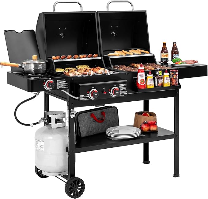 ZH3005 2-Burner Gas and Charcoal Combo Grill with Side Burner 34000 BTU Dual Fuel Grill 823 Sq. In. Cooking Area for Outdoor Patio Garden Picnic Backyard Cooking Black