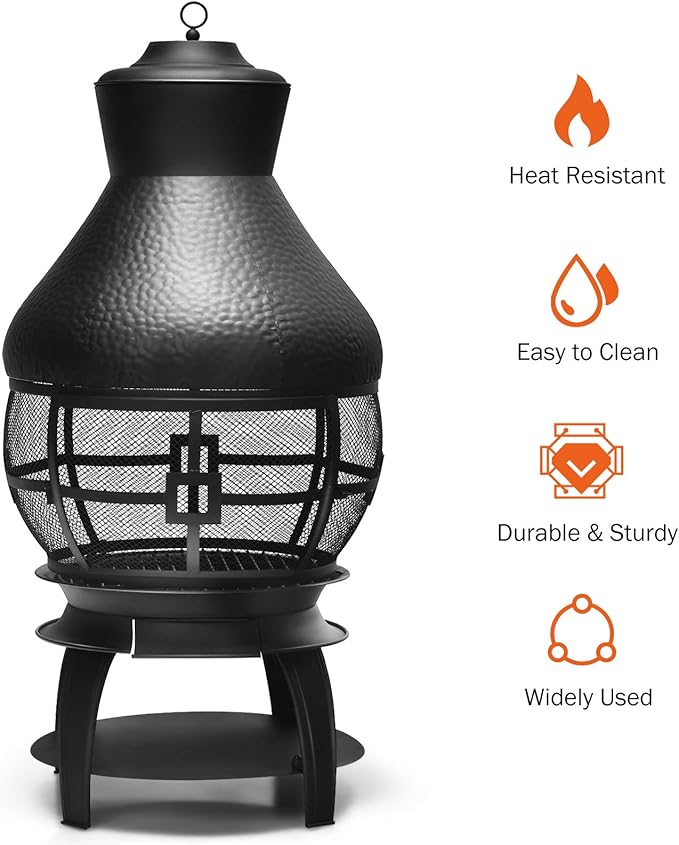 Giantex Wood Burning Chiminea Heavy Duty Fireplace Chiminea Wooden Fire Pit with 2-Piece Log Grate Premium Rain Cap &amp Fire Poker 360°Fire Retardant Mesh Cover Ideal for Garden Patio Backyard