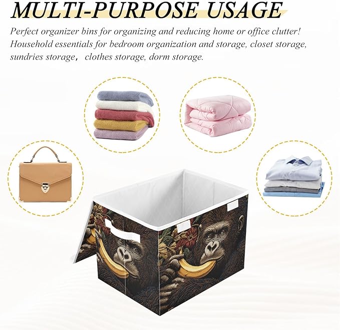 Funny Gorilla Storage Cube Bins Basket with Lid Collapsible Flip-top Fabric with Handle for Home Bedroom Closet Office 16.5×12.6×11.8 in
