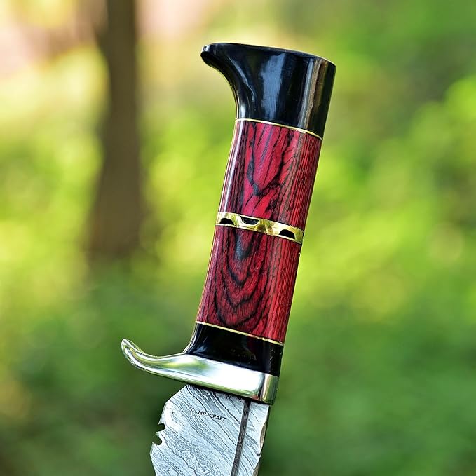 MR. CRAFT Custom Handmade Traditional Kukri Damascus Steel Fixed Blade Knife With Sheath Full Tang Heavy Duty Camping Knives - Gifts for Men (Red Wood &amp Black Horn)