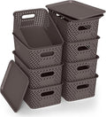Plastic Storage Bins with Lid Stackable Small Box Basket for Organizing and Containers for Shelves Drawers Desktop Closet Playroom Pantry Classroom Office Home 8-pack 10.2x7.2x4.1 Inch Brown