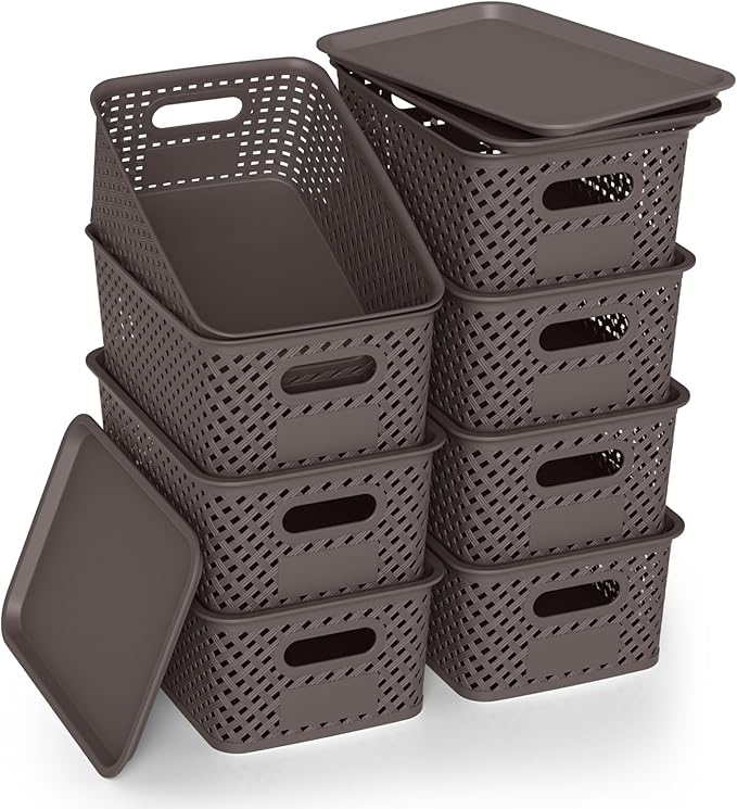 Plastic Storage Bins with Lid Stackable Small Box Basket for Organizing and Containers for Shelves Drawers Desktop Closet Playroom Pantry Classroom Office Home 8-pack 10.2x7.2x4.1 Inch Brown