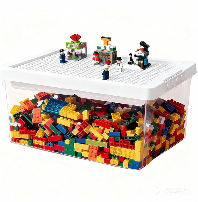 Toy Storage Organizer Bin for Lego Plastic Organizer Box with Removable Tray and Building Baseplate Lid Stackable Building Block Storage Craft Storage Container for Lego Toy Tool Sewing (White)