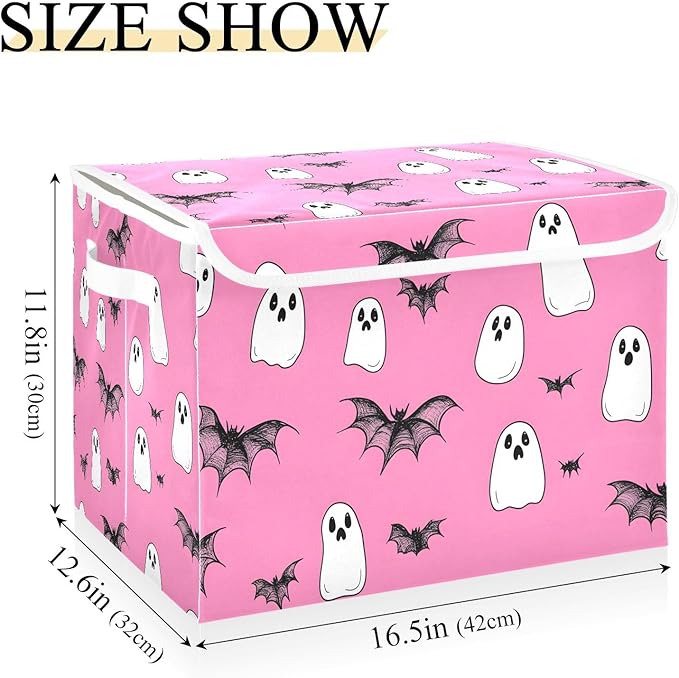 Cute Halloween Bats Storage Cube Bins Basket with Lid Collapsible Flip-top Fabric with Handle for Home Bedroom Closet Office 16.5×12.6×11.8 in