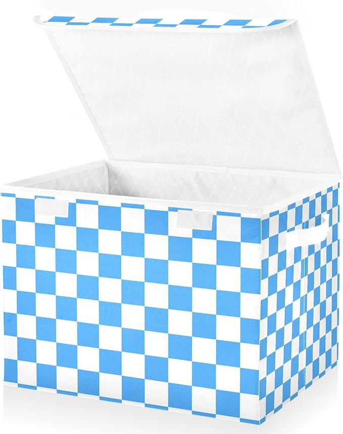 Collapsible Storage Bins with Lids Decorative Fabric Storage Cubes Closet Organizer and Storage Basket Boxes Containers for Clothes Box Chest Nursery Folding Rectangle Checkered Blue