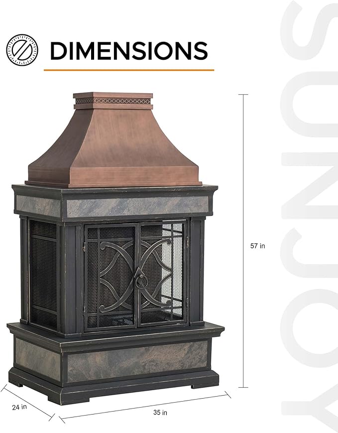 Sunjoy Outdoor Fireplace Stone Look Tile Patio Wood Burning Steel Fireplace with Chimney Spark Screen Fire Poker Rain Cover and Removable Grate Copper with Gray Tile