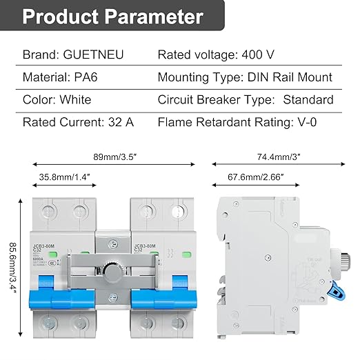 32 Amp Dual Power Manual Transfer Switch 2Pcs 2-Pole Circuit Breakers with Single-Side Slide Lock DIN Rail Included Ideal for Industrial and Home Use