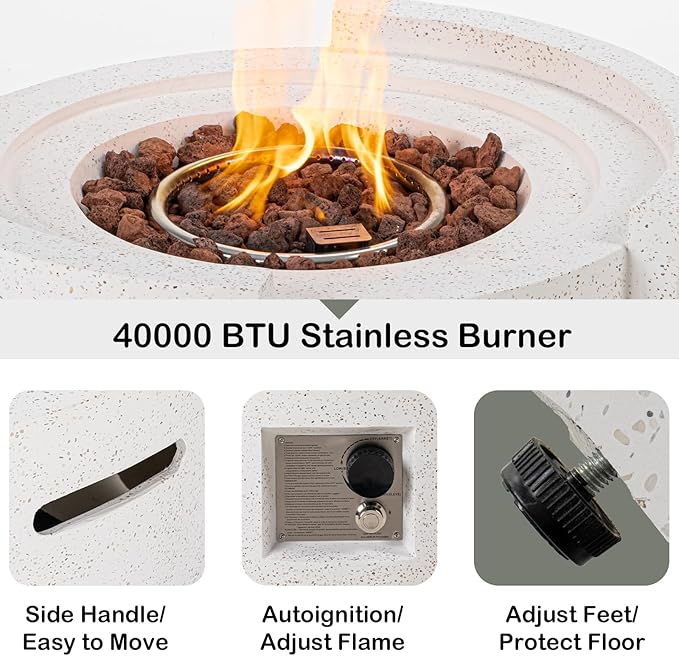 HOMPUS Round Fire Pit Table Outdoor Propane Fire Pit w Free Lava Rocks &amp Rain Cover Terrazzo Colorful Fire Table w Tank Cover &amp Wind Guard for Patio