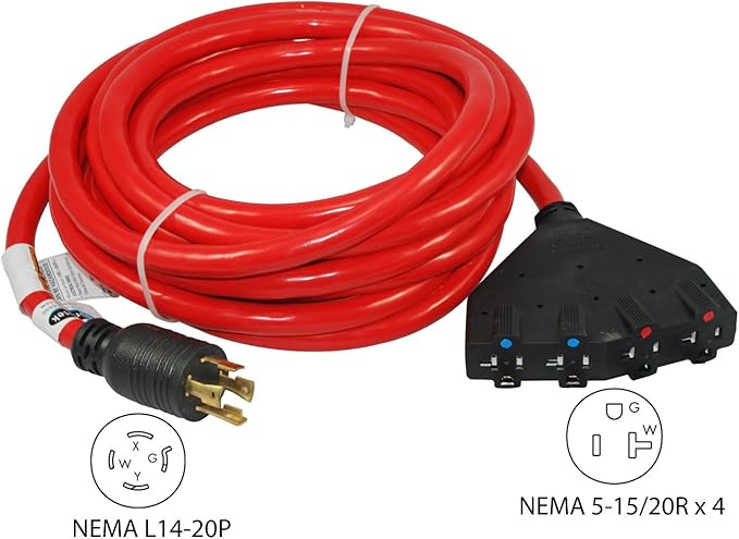 Conntek 20501 Generator Power Cord 25-Foot 20 Amp 125/250 Volt 4 Prong Male Plug To 15/20 Amp Female Connector