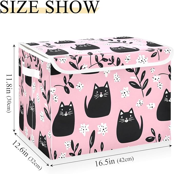 Cartoon Cute Cats Storage Cube Bins Basket with Lid Collapsible Flip-top Fabric with Handle for Home Bedroom Closet Office 16.5×12.6×11.8 in