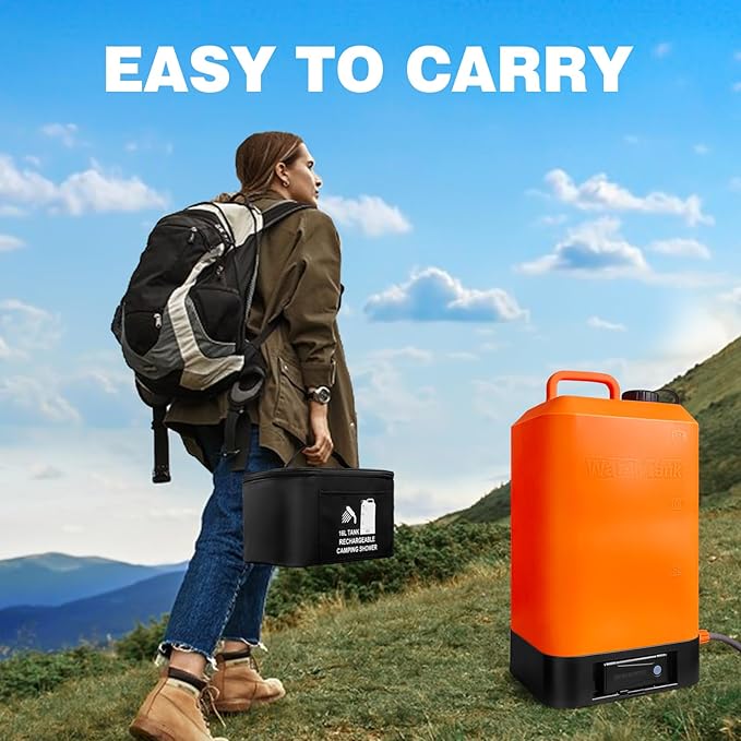 B. TAWD 4.5 Gallon Silicone Water Tank Portable Camping Shower USB Battery Charging Solar Heating with Shower Head Electric Portable Outdoor Shower Built-in Thermometer Beach Camping Hiking