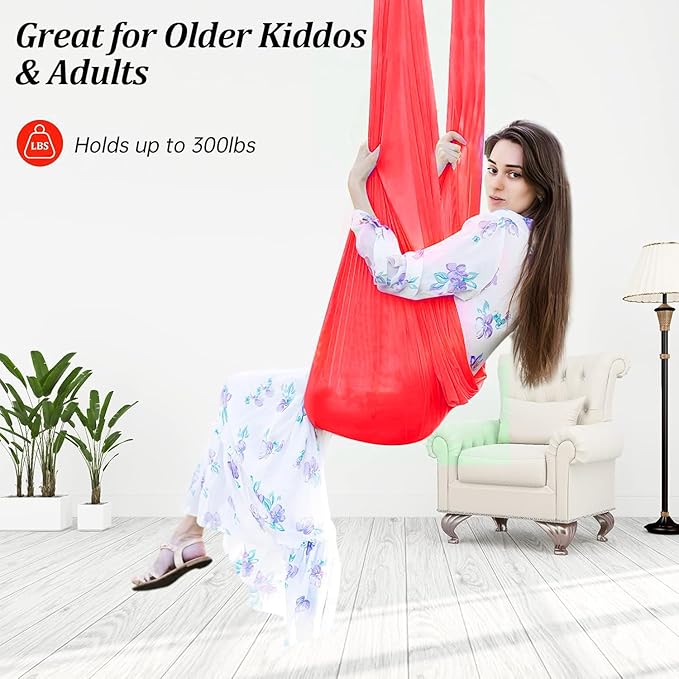 Therapy Swing for Kids with Special Needs (Hardware Included) Snuggle Swing Cuddle Hammock Indoor Adjustable Aerial Yoga for Children with Autism ADHD Aspergers Sensory Integration (Red)