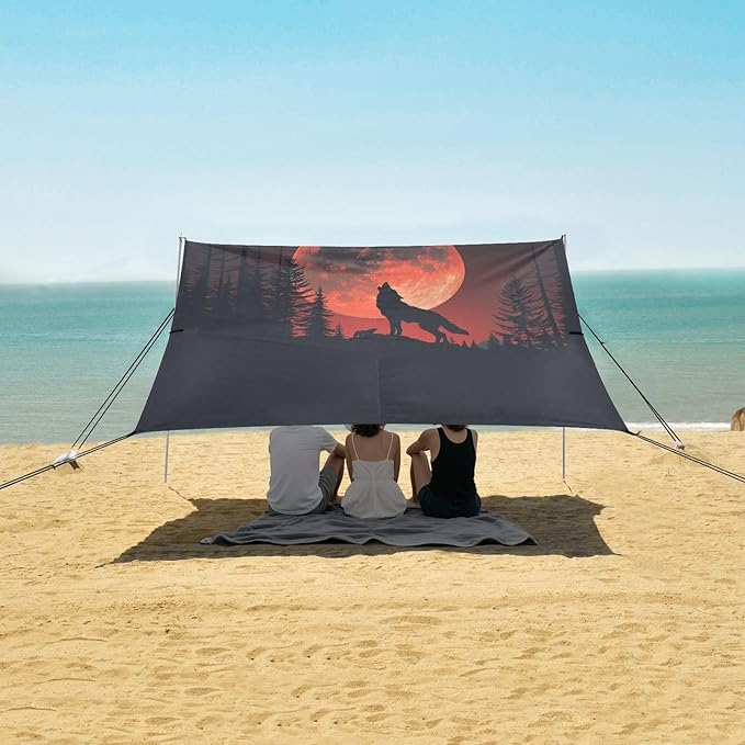 ALAZA Howling Wolf Red Moon Beach Tent Sun Shelter UPF50+ Protection Beach Shade Canopy w/ 4 Sandbags for Outdoor Camping Fishing Backyard Fun Picnic 10x9 ft