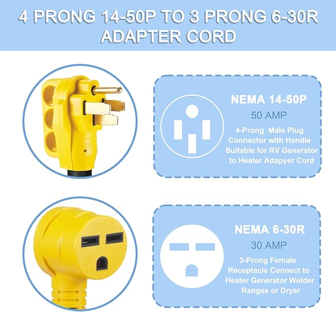 NEMA 14-50P to 6-30R Adapter Cord 50 Amp 4-Prong Generator RV Plug to 30 Amp 3-Prong Heating Devices Connector for Heater Compressor EV Charger STW 10AWG 240 Volt ETL Listed